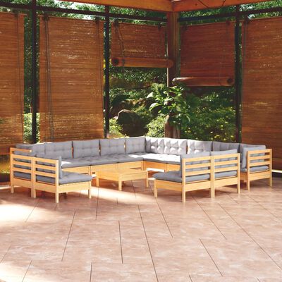 vidaXL 14 Piece Patio Lounge Set with Gray Cushions Solid Pinewood