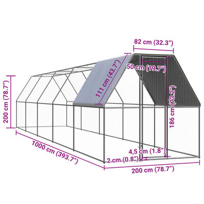 vidaXL Outdoor Chicken Cage 6.6'x32.8'x6.6' Galvanized Steel