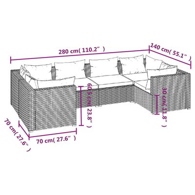 vidaXL 6 Piece Patio Lounge Set with Cushions Poly Rattan Gray