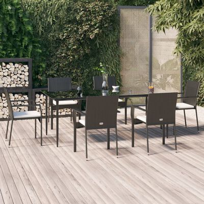 vidaXL 7 Piece Patio Dining Set with Cushions Black Poly Rattan