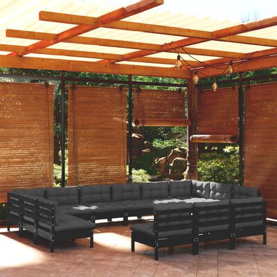 vidaXL 13 Piece Patio Lounge Set with Cushions Black Solid Pinewood