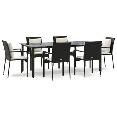 vidaXL 7 Piece Patio Dining Set with Cushions Black Poly Rattan