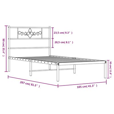 vidaXL Metal Bed Frame without Mattress with Headboard Black 39.4"x78.7"