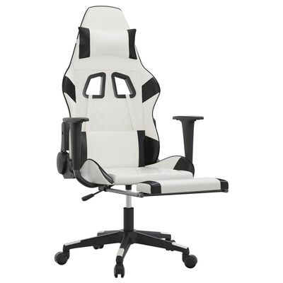 vidaXL Massage Gaming Chair White&Black Footrest with Leather Faux