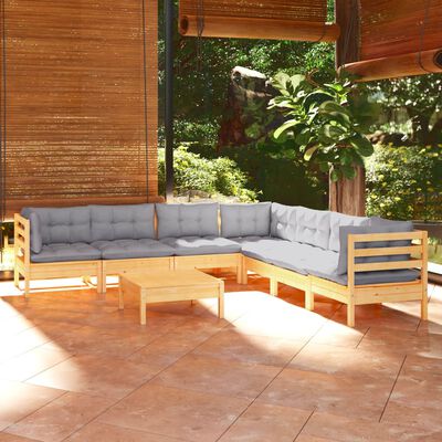 vidaXL 8 Piece Patio Lounge Set with Gray Cushions Solid Pinewood