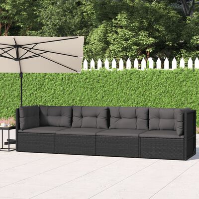 vidaXL 4 Piece Patio Lounge Set with Cushions Black Poly Rattan