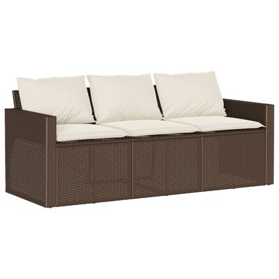 vidaXL Patio Sofa with Cushions 3-Seater Brown Poly Rattan