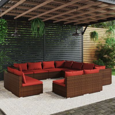 vidaXL 11 Piece Patio Lounge Set with Cushions Brown Poly Rattan