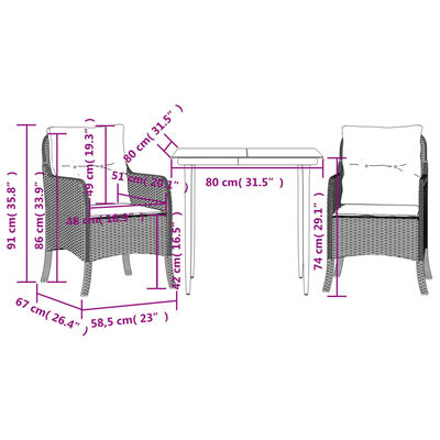 vidaXL 3 Piece Patio Dining Set with Cushions Gray Poly Rattan