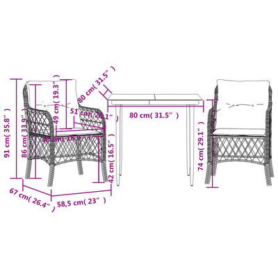 vidaXL 3 Piece Bistro Set with Cushions Brown Poly Rattan