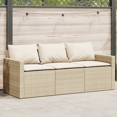 vidaXL Patio Sofa with Cushions 3-Seater Beige Poly Rattan