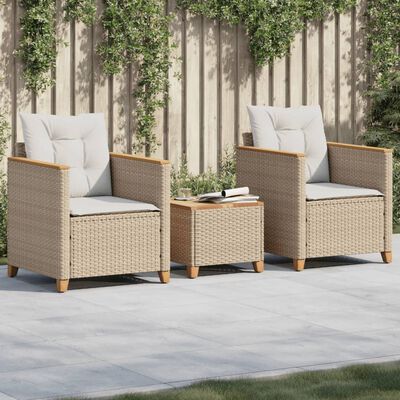 vidaXL 3 Piece Bistro Set with Cushions Beige Poly Rattan Acacia Wood