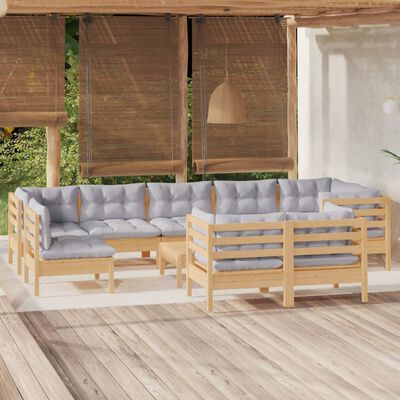 vidaXL 10 Piece Patio Lounge Set with Gray Cushions Solid Pinewood