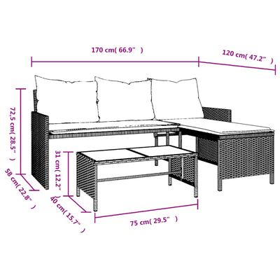 vidaXL Patio Sofa with Table and Cushions L-Shaped Black Poly Rattan