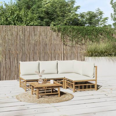 vidaXL 5 Piece Patio Lounge Set with Cream White Cushions Bamboo