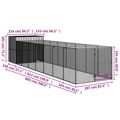 vidaXL Dog House with Run Anthracite 84.3"x340.6"x71.3" Galvanized Steel