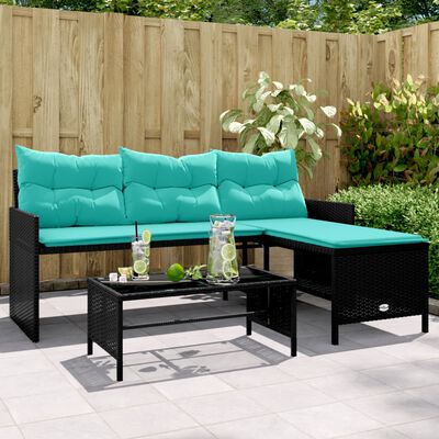 vidaXL Patio Sofa with Table and Cushions L-Shaped Black Poly Rattan