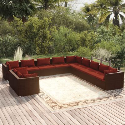 vidaXL 11 Piece Patio Lounge Set with Cushions Brown Poly Rattan