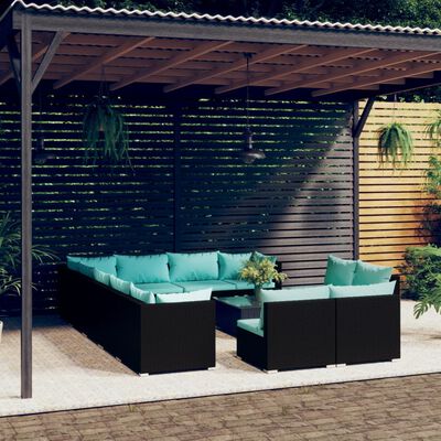 vidaXL 13 Piece Patio Lounge Set with Cushions Black Poly Rattan