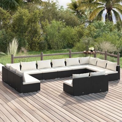 vidaXL 12 Piece Patio Lounge Set with Cushions Black Poly Rattan