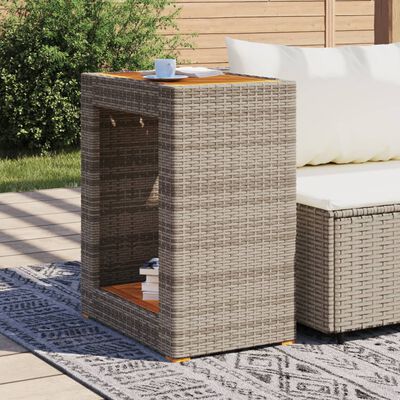 vidaXL Patio Side Table with Wooden Top Gray 23.6"x15.7"x29.5" Poly Rattan