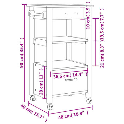 vidaXL Kitchen Trolley MONZA 18.9"x15.7"x35.4" Solid Wood Pine