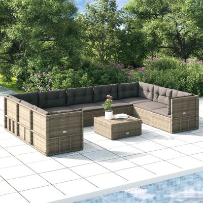 vidaXL 9 Piece Patio Lounge Set with Cushions Gray Poly Rattan