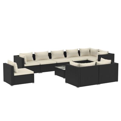 vidaXL 10 Piece Patio Lounge Set with Cushions Poly Rattan Black