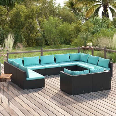 vidaXL 11 Piece Patio Lounge Set with Cushions Black Poly Rattan