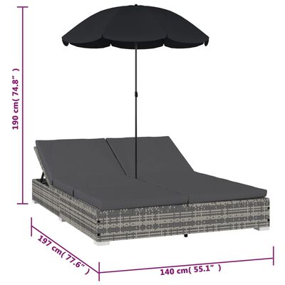 vidaXL Patio Lounge Bed with Umbrella Poly Rattan Gray