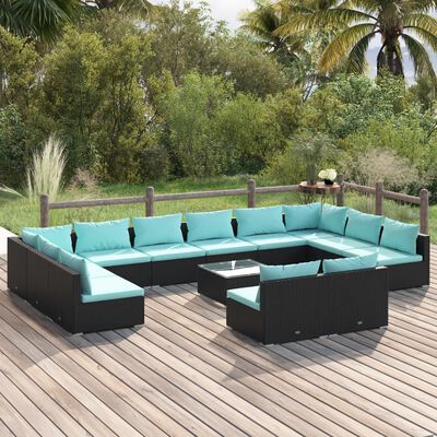 vidaXL 13 Piece Patio Lounge Set with Cushions Black Poly Rattan