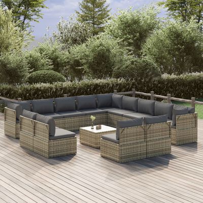 vidaXL 14 Piece Patio Lounge Set with Cushions Gray Poly Rattan