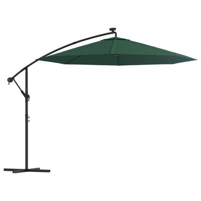 vidaXL Hanging Garden Parasol with LED Lighting 118.1" Green Metal Pole