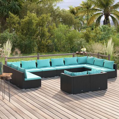 vidaXL 12 Piece Patio Lounge Set with Cushions Black Poly Rattan