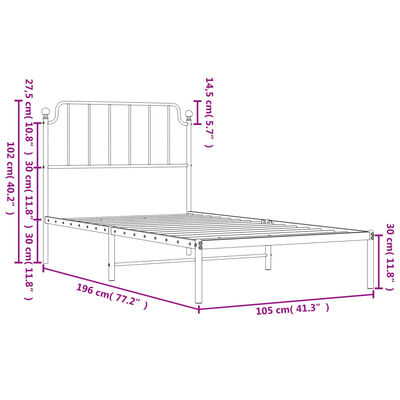 vidaXL Metal Bed Frame without Mattress with Headboard White 39.4"x74.8"