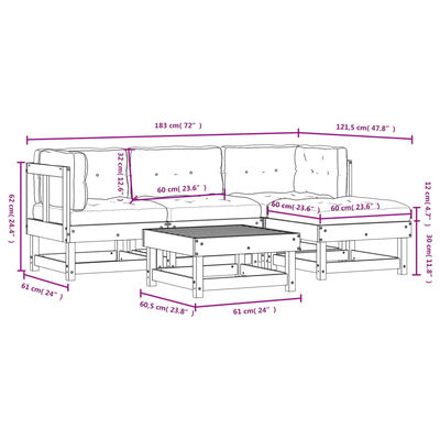 vidaXL 5 Piece Patio Lounge Set with Cushions White Solid Wood