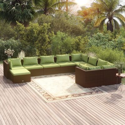 vidaXL 10 Piece Patio Lounge Set with Cushions Poly Rattan Brown