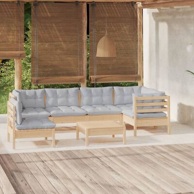 vidaXL 7 Piece Patio Lounge Set with Gray Cushions Pinewood