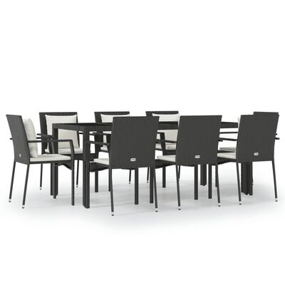 vidaXL 9 Piece Patio Dining Set with Cushions Black Poly Rattan