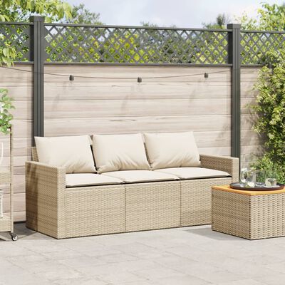 vidaXL Patio Sofa with Cushions 3-Seater Beige Poly Rattan