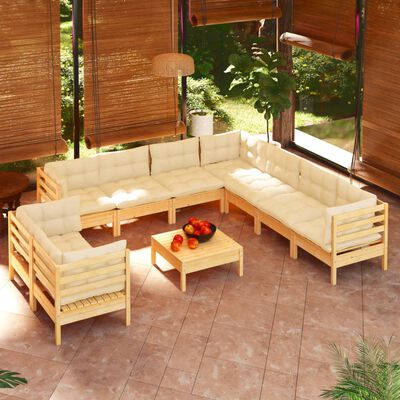 vidaXL 10 Piece Patio Lounge Set with Cream Cushions Solid Pinewood