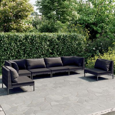 vidaXL 6 Piece Patio Lounge Set with Cushions Poly Rattan Dark Gray