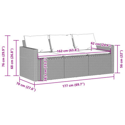 vidaXL Patio Sofa with Cushions 3-Seater Gray Poly Rattan