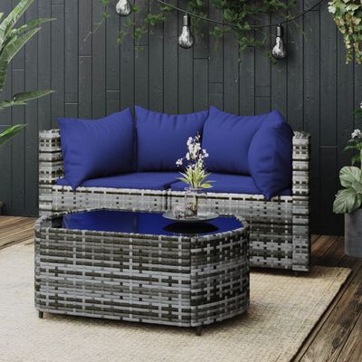 vidaXL 3 Piece Patio Lounge Set with Cushions Gray Poly Rattan