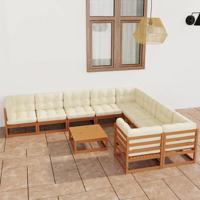 vidaXL 10 Piece Patio Lounge Set&Cushions Honey Brown Solid Pinewood