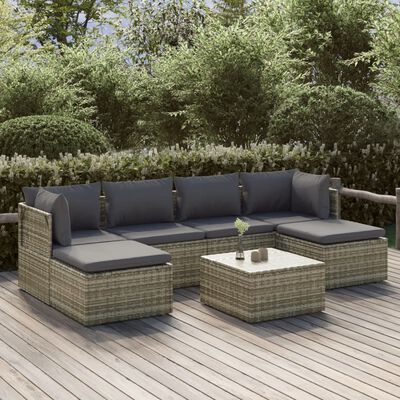 vidaXL 7 Piece Patio Lounge Set with Cushions Gray Poly Rattan