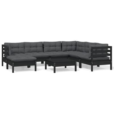 vidaXL 8 Piece Patio Lounge Set with Cushions Black Solid Pinewood