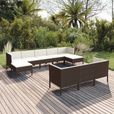 vidaXL 10 Piece Patio Lounge Set with Cushions Poly Rattan Brown