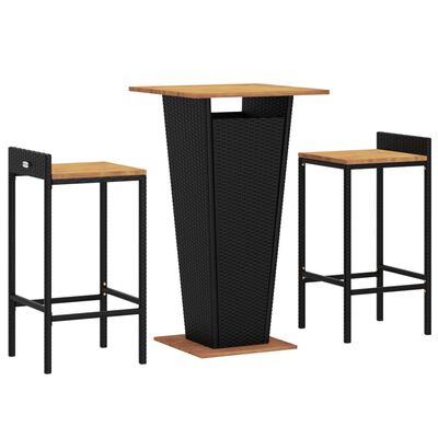 vidaXL 3 Piece Patio Bar Set Black Poly Rattan&Solid Wood Acacia