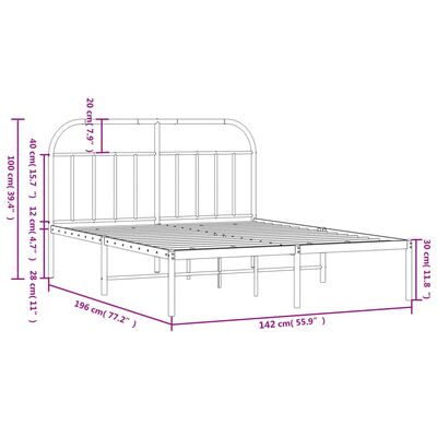 vidaXL Metal Bed Frame without Mattress with Headboard White 53.1"x74.8"